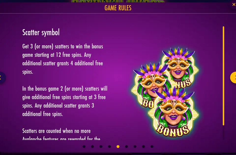 Page Scatter symbol de l’aide de Carnival Queen - Reborn : texte en anglais et trois femmes au masque doré et à la coiffe de plumes marquées BONUS