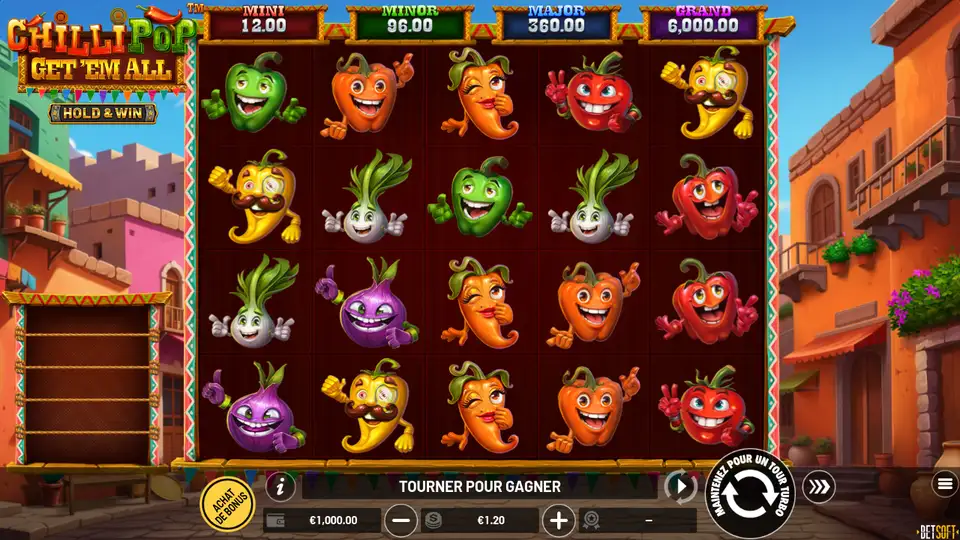 Grille de 5 colonnes sur 4 rangées de ChilliPop: Get em All dans une rue aux maisons colorées : piments et poivrons souriants, oignons violets et oignons blancs ; au-dessus, MINI 12.00, MINOR 96.00, MAJOR 360.00 et GRAND 6,000.00, et une mise de 1.20 en bas