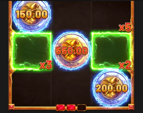 Écran d’aide de Coins of Alkemor: Extreme Magic : grille de la fonction avec des pièces bleues et dorées marquées 150.00, 550.00 et 200.00, et des zones vertes en surbrillance portant x3, x2 et x5