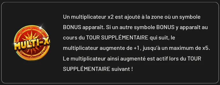 Encadré de l’aide de Coins of Alkemor: Extreme Magic avec le jeton rouge et doré MULTI-X et le texte qui décrit le multiplicateur x2 augmenté de +1 jusqu’à x5