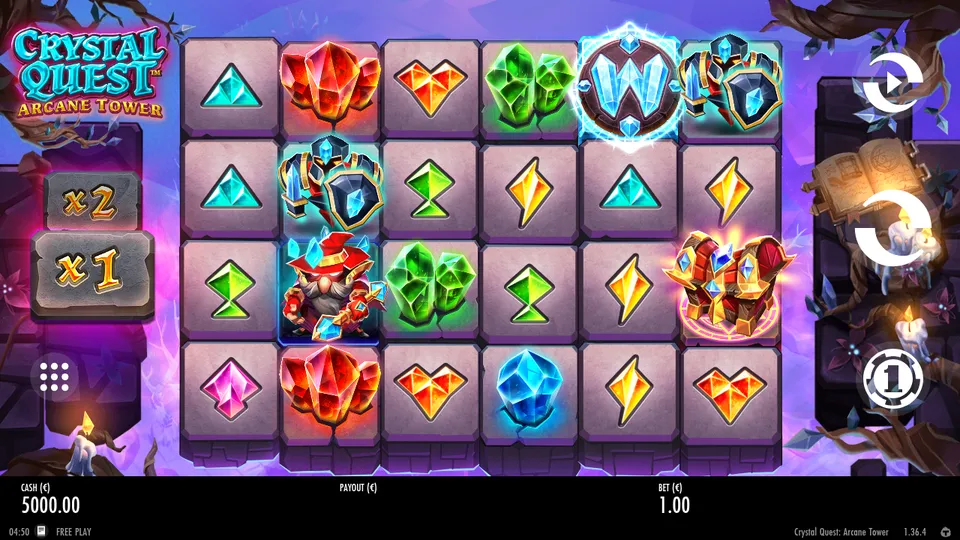 Grille de 6 rouleaux sur 4 rangées de Crystal Quest: Arcane Tower : cristaux, pierres taillées sur des tuiles, un personnage barbu au chapeau rouge, un coffre doré et un Wild en forme de W bleu, avec les multiplicateurs x1 et x2 à gauche