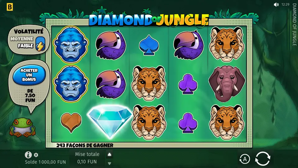 Grille de 5 rouleaux sur 3 rangées de Diamond of Jungle : deux têtes de gorille bleu, deux oiseaux violets au grand bec, quatre têtes de tigre, une tête d’éléphant rose, un diamant bleu clair et des symboles de cartes (pique, trèfles, cœur) ; à gauche le réglage VOLATILITÉ sur FAIBLE et le bouton ACHETER UN BONUS, sous la grille « 243 FAÇONS DE GAGNER », en bas une mise totale de 0,10 FUN