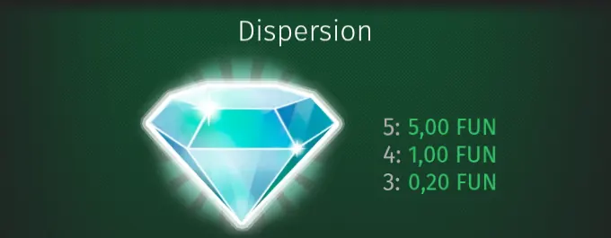 Page Paiements de l’aide de Diamond of Jungle : la Dispersion, un diamant bleu clair, payée 5,00 FUN pour 5, 1,00 FUN pour 4 et 0,20 FUN pour 3
