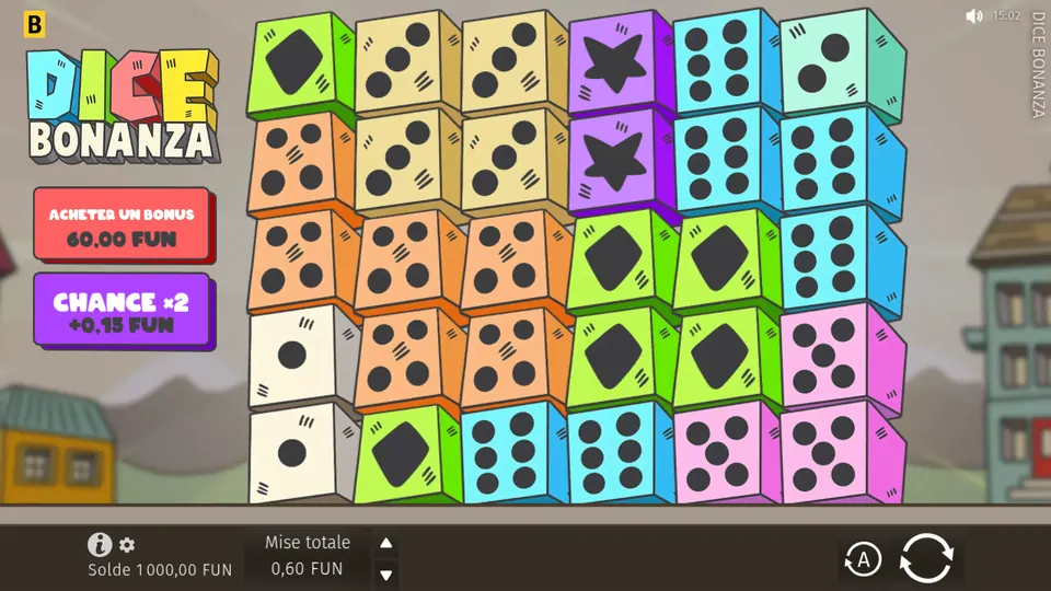 Grille de 6 colonnes sur 5 rangées de Dice Bonanza remplie de dés de couleur : dés verts au losange, dés violets à l’étoile, dés bleus à six points, dés roses à cinq points, dés orange à quatre points, dés beiges à trois points, dés blancs à un point ; à gauche ACHETER UN BONUS 60,00 FUN et CHANCE ×2 +0,15 FUN, en bas une mise totale de 0,60 FUN