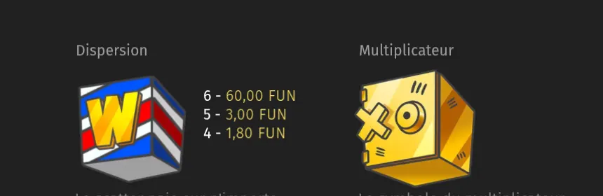 Haut de la page Paiements de Dice Bonanza : la Dispersion, un dé rayé bleu, blanc et rouge marqué W, payée 6 - 60,00 FUN, 5 - 3,00 FUN et 4 - 1,80 FUN, et le Multiplicateur, un dé doré marqué d’une croix et d’un cercle