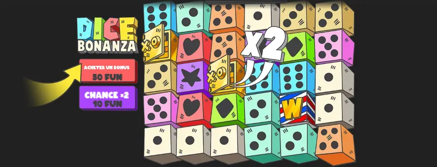 Illustration de l’aide de Dice Bonanza : une flèche jaune pointe vers les boutons ACHETER UN BONUS 50 FUN et CHANCE ×2 10 FUN, à côté d’une grille de dés où deux dés dorés s’accompagnent d’un grand x2