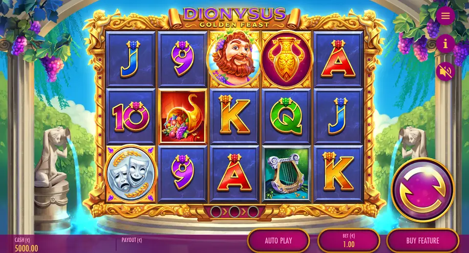 Grille de 5 rouleaux sur 3 rangées de Dionysus Golden Feast entre deux colonnes et des grappes de raisin : symboles J, 9, 10, K, Q, A, un homme barbu couronné de raisin, une amphore dorée, une corne d’abondance, une lyre et un médaillon argenté à masques de théâtre ; en bas, la mise BET 1.00 et le bouton BUY FEATURE