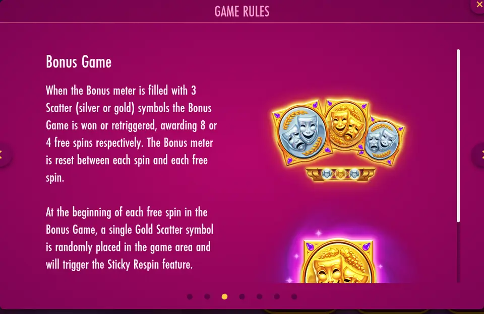 Page Bonus Game de l’aide de Dionysus Golden Feast : texte en anglais, trois médaillons à masques de théâtre argentés et dorés au-dessus d’un compteur, et un médaillon doré lumineux
