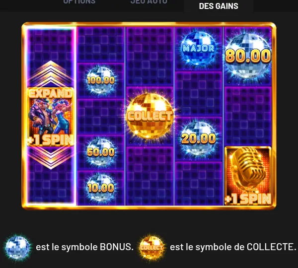 Écran d’aide de Disco Farm sur la FONCTION HOLD & WIN : boules à facettes bleues portant 100.00, 50.00, 10.00, 20.00, 80.00 et MAJOR, une boule dorée COLLECT au centre, un symbole EXPAND +1 SPIN et un micro doré +1 SPIN