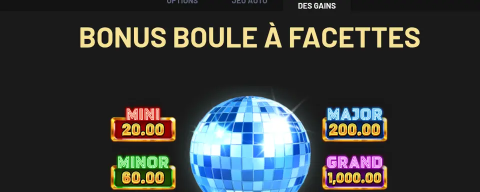 Écran d’aide BONUS BOULE À FACETTES de Disco Farm : une boule à facettes bleue entourée des prix MINI 20.00, MINOR 60.00, MAJOR 200.00 et GRAND 1,000.00