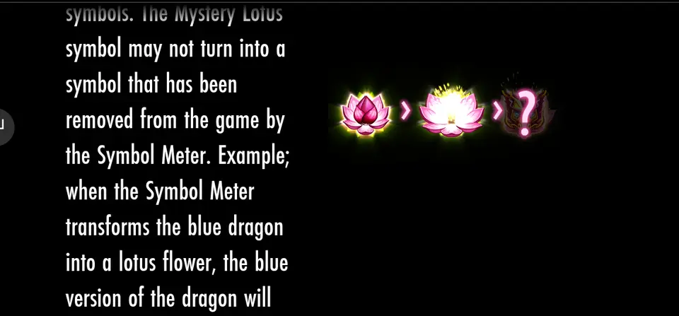 Page de la table des gains de Divine Lotus sur les Mystery Lotus : texte en anglais et trois icônes, une fleur de lotus rose, une fleur de lotus lumineuse et un point d’interrogation rose