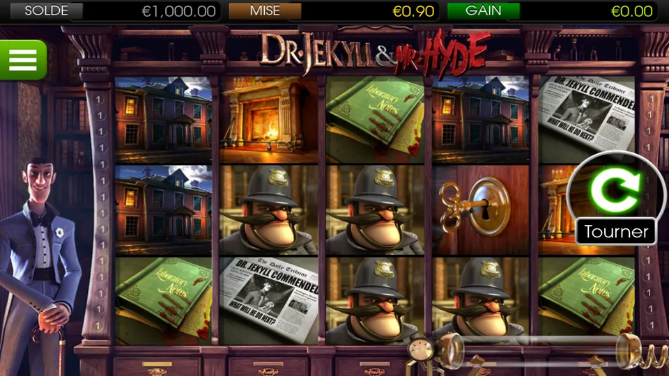 Grille de Dr. Jekyll & Mr. Hyde : maisons la nuit, cheminées, carnets verts, journaux, serrure à clé dorée et hommes moustachus au casque, avec un homme en costume à gauche