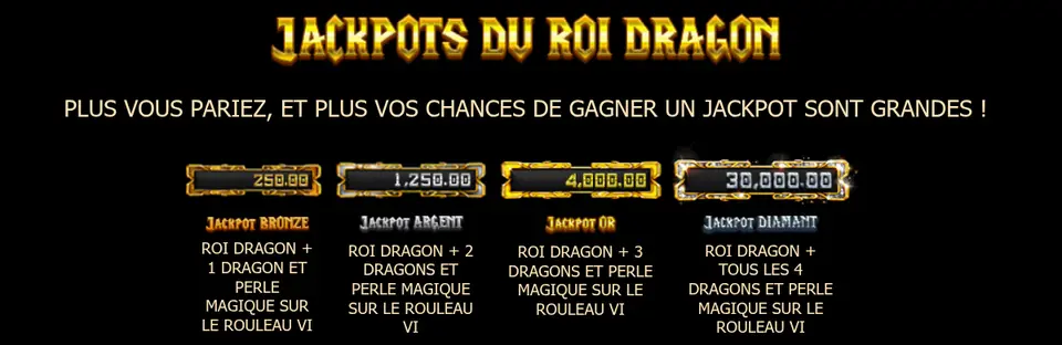 Page JACKPOTS DU ROI DRAGON de l’aide : les jackpots BRONZE, ARGENT, OR et DIAMANT avec leurs montants et leurs conditions