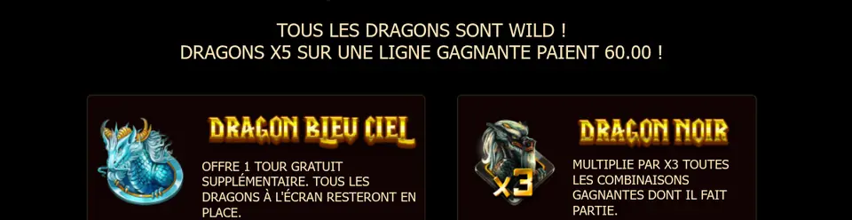 Page DRAGONS DES 4 MERS de l’aide : le DRAGON BLEU CIEL et le DRAGON NOIR avec la mention x3, chacun avec sa description