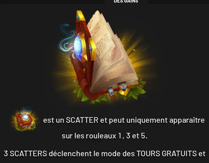 Page TOURS GRATUITS de l’aide d’Enchanted: Forest of Fortune : grand livre ouvert à couverture rouge et pierre bleue, et le texte sur le SCATTER des rouleaux 1, 3 et 5