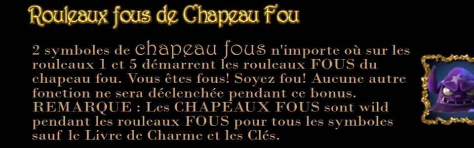 Texte de l’aide « Rouleaux fous de Chapeau Fou » avec, à droite, l’icône d’un chapeau violet