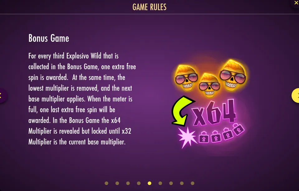 Page d’aide « Bonus Game » d’Esqueleto Explosivo 2 Reborn : trois têtes de mort jaunes à lunettes de soleil et une flèche vers un x64 rose au-dessus de cadenas