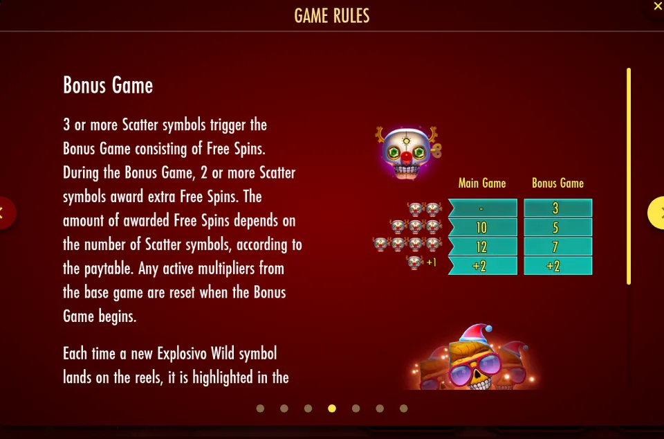 Page Bonus Game des règles de Feliz Navidead : le Scatter, un crâne à cornes ramifiées et nez rouge, et le tableau des tours gratuits du jeu de base et du Bonus Game selon le nombre de Scatters