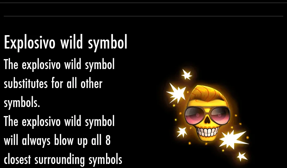 Page d’aide « Explosivo wild symbol » d’Esqueleto Explosivo : une tête de mort jaune à lunettes de soleil roses entourée d’éclats