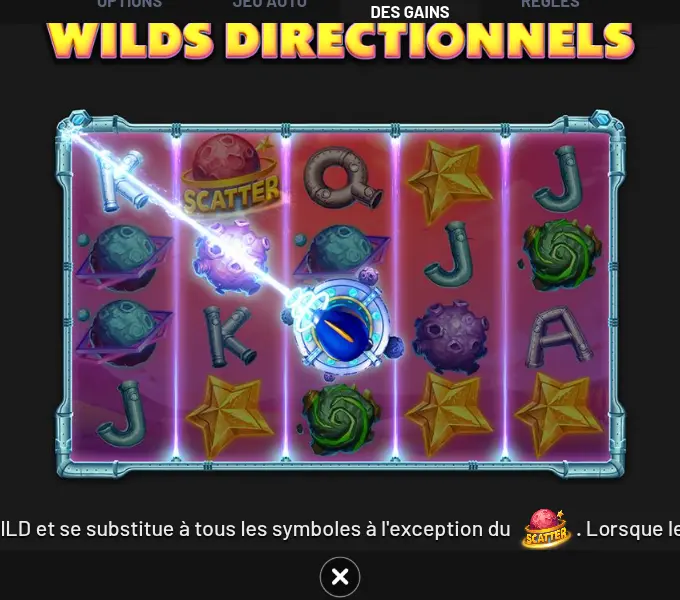 Illustration des WILDS DIRECTIONNELS dans l’aide d’Expansion! : un disque bleu à aiguille au centre de la grille lance un rayon lumineux en diagonale vers le coin supérieur gauche