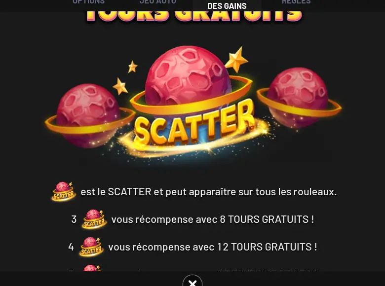 Page TOURS GRATUITS de l’aide d’Expansion! : trois planètes roses à anneau doré, dont celle du centre marquée SCATTER, et le texte sur 3 et 4 SCATTERS