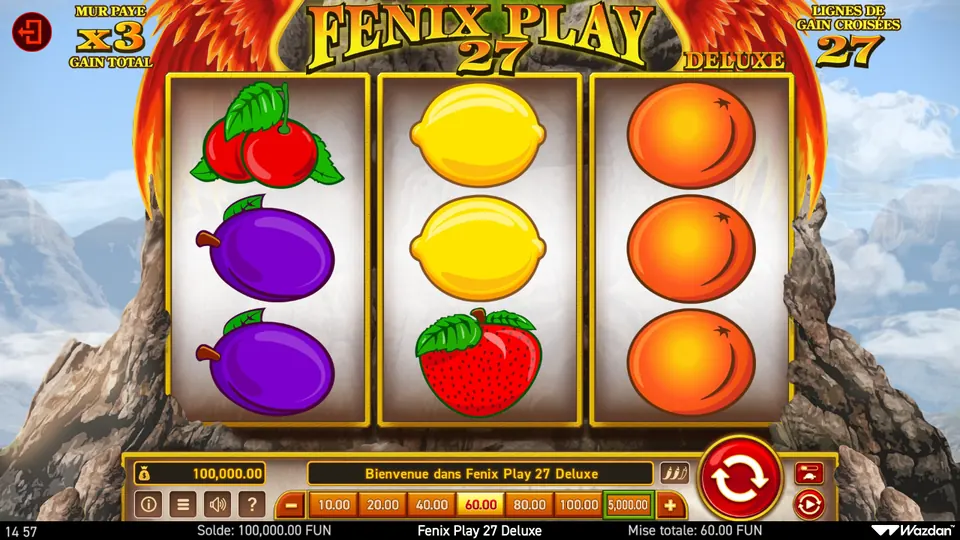 Grille de 3 rouleaux sur 3 rangées de Fenix Play 27 Deluxe encadrée d’ailes de phénix : cerises et deux prunes sur le premier rouleau, deux citrons et une fraise sur le deuxième, trois oranges sur le troisième ; en haut à gauche MUR PAYE x3 GAIN TOTAL, en haut à droite LIGNES DE GAIN CROISÉES 27, en bas une mise totale de 60.00 FUN