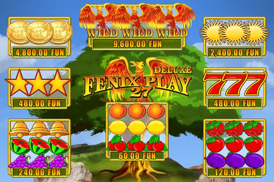 Page des gains de l’aide de Fenix Play 27 Deluxe : trois phénix WILD WILD WILD 9,600.00 FUN, trois pièces dorées 4,800.00 FUN, trois soleils 2,400.00 FUN, trois étoiles 480.00 FUN, 777 480.00 FUN, cloches, pastèques et raisins 240.00 FUN, baies rouges, fraises et prunes 120.00 FUN, oranges, citrons et cerises 60.00 FUN