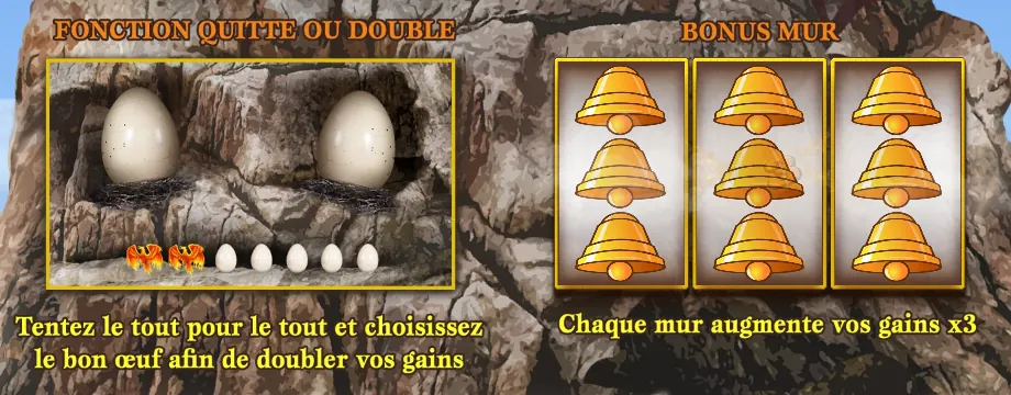 Écran d’accueil de Fenix Play 27 Deluxe : à gauche FONCTION QUITTE OU DOUBLE avec deux œufs dans des nids et le texte « Tentez le tout pour le tout et choisissez le bon œuf afin de doubler vos gains », à droite BONUS MUR avec trois rouleaux remplis de cloches dorées et le texte « Chaque mur augmente vos gains x3 »
