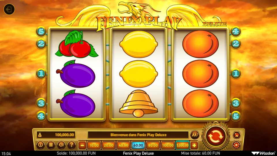 Grille de 3 rouleaux sur 3 rangées de Fenix Play Deluxe sous un phénix doré, sur fond de ciel orange : cerises et deux prunes sur le premier rouleau, deux citrons et une cloche sur le deuxième, trois oranges sur le troisième, avec des repères numérotés 1 à 5 de chaque côté ; en bas les boutons de mise 10.00, 20.00, 40.00, 60.00, 80.00, 100.00 et 5,000.00 et une mise totale de 60.00 FUN