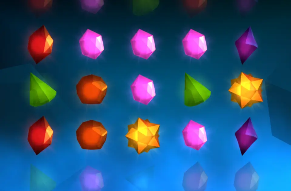 Grille de Flux sur fond bleu : formes colorées à facettes rouges, roses, vertes, orange, violettes et une étoile jaune, alignées sur 5 rouleaux et 3 rangées