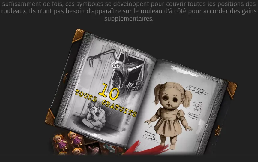 Page de l’aide de Forgotten sur les symboles étendus : un livre ouvert en noir et blanc avec une créature griffue et une poupée, marqué 10 TOURS GRATUITS, avec en bas une petite grille de poupées