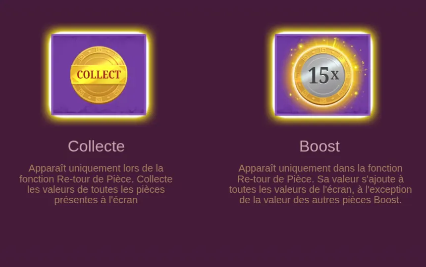 Page Paiements de l’aide de Fortuna Trueways : une pièce dorée marquée COLLECT sous le titre Collecte et une pièce marquée 15x sous le titre Boost, chacune avec sa règle