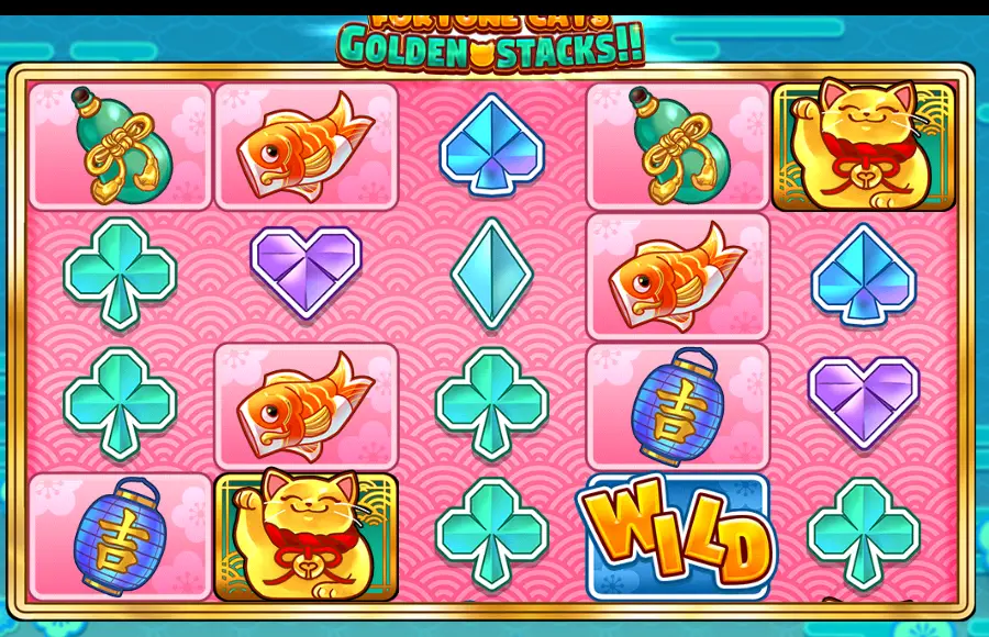 Grille de 5 rouleaux sur 4 rangées de Fortune Cats Golden Stacks sur fond rose : chats dorés à la patte levée, poissons orange, lanternes bleues, flacons verts, cœurs violets, piques, losanges et trèfles bleu-vert, et un symbole WILD