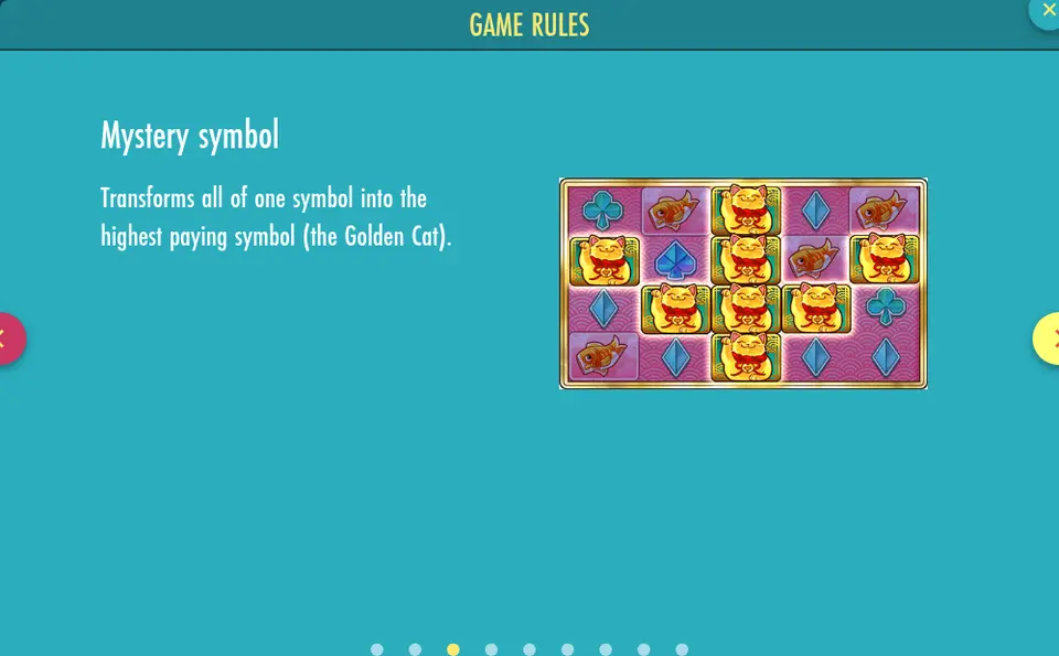 Page Mystery symbol des règles de Fortune Cats Golden Stacks : texte en anglais et une petite grille où plusieurs cases montrent un chat doré