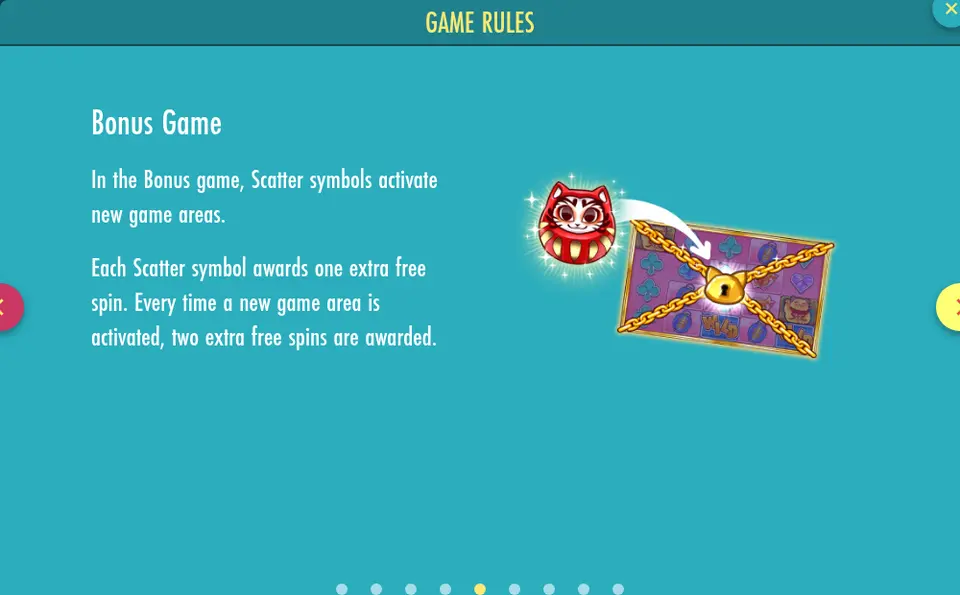Page Bonus Game des règles de Fortune Cats Golden Stacks : texte en anglais, un symbole rouge et blanc à tête de chat et une flèche vers une grille fermée par des chaînes et un cadenas doré
