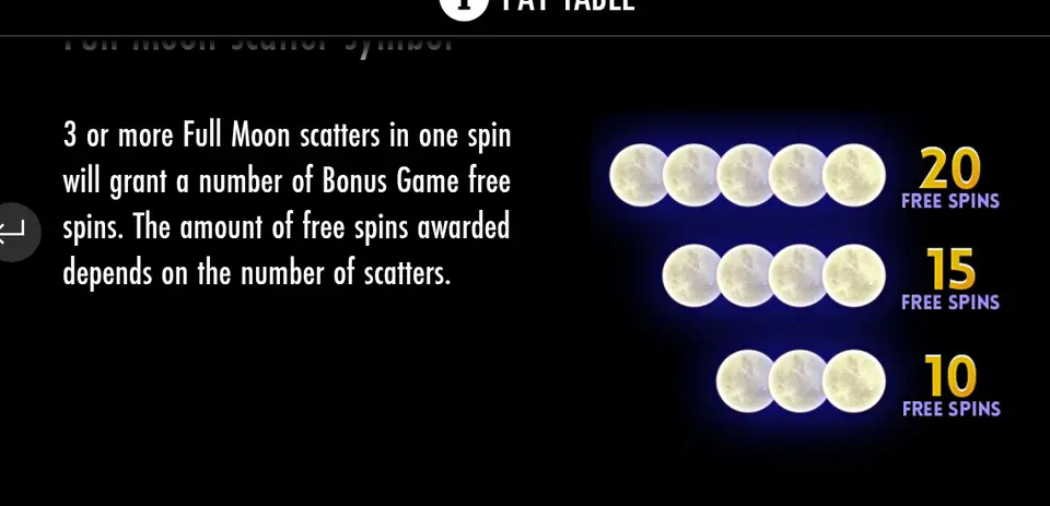 Partie Full Moon scatter symbol de la table des gains de Full Moon Romance : texte en anglais et trois rangées de pleines lunes