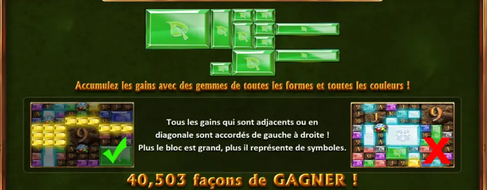 Page de l’aide montrant des gemmes vertes à la feuille de plusieurs tailles, deux exemples de grille, l’un coché en vert et l’autre barré d’une croix rouge, et la mention « 40,503 façons de GAGNER ! »