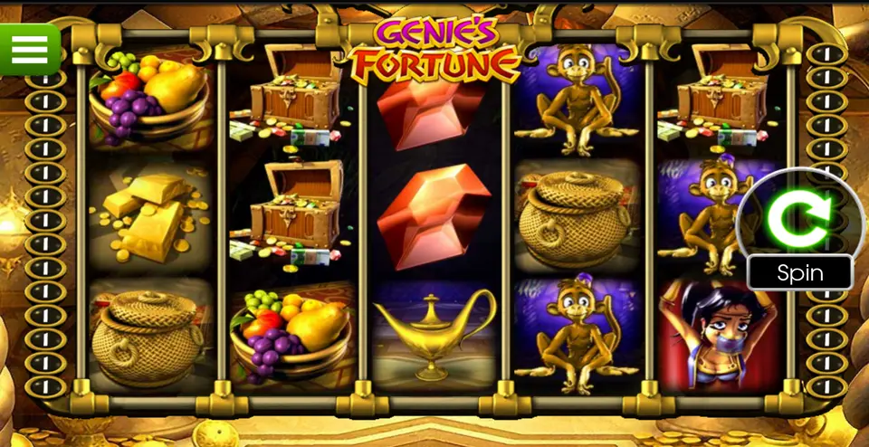 La grille de 5 rouleaux et 3 rangées de Genie’s Fortune : coffres au trésor ouverts, coupes de fruits, lingots d’or, pierres rouge orangé, pots tressés dorés, une lampe dorée et des singes assis
