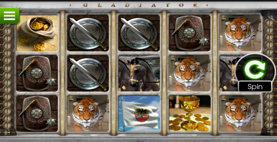 La grille de 5 rouleaux et 3 rangées de Gladiator : boucliers ronds barrés d’une épée, boucliers à arme à chaîne, tigres, chevaux noirs harnachés, un sac de pièces, un drapeau blanc à blason et un calice doré