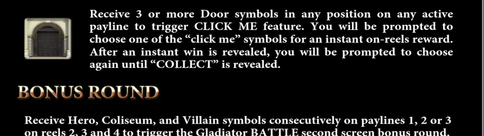Extrait de l’aide de Gladiator : la porte du CLICK ME et le début du BONUS ROUND en anglais