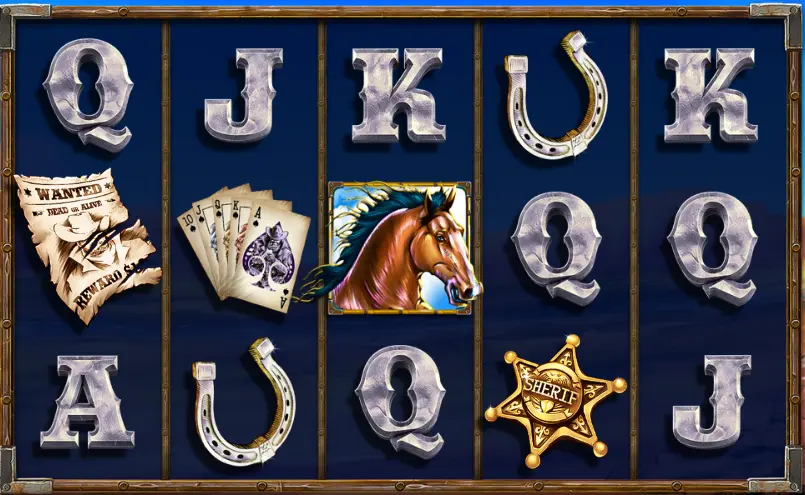 Les rouleaux de Gold Canyon : lettres grises, fers à cheval, affiche WANTED, éventail de cartes à jouer, tête de cheval brun et étoile dorée marquée SHERIF
