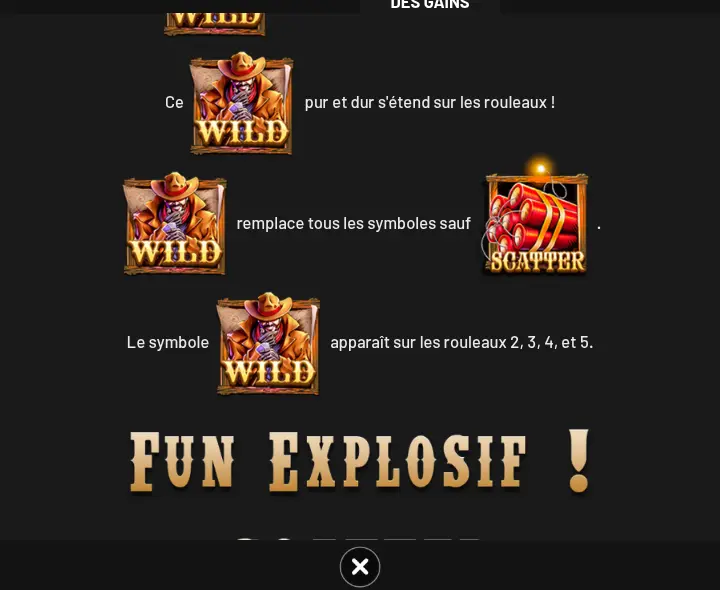 Page de l’aide montrant le symbole WILD, un personnage au chapeau de cow-boy, et le SCATTER, un paquet de bâtons rouges avec une mèche allumée