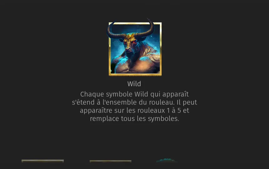 Page Paiements de l’aide de Gold of Minos : le symbole Wild, une créature à tête de taureau sur fond bleu, avec la phrase sur son extension à tout le rouleau