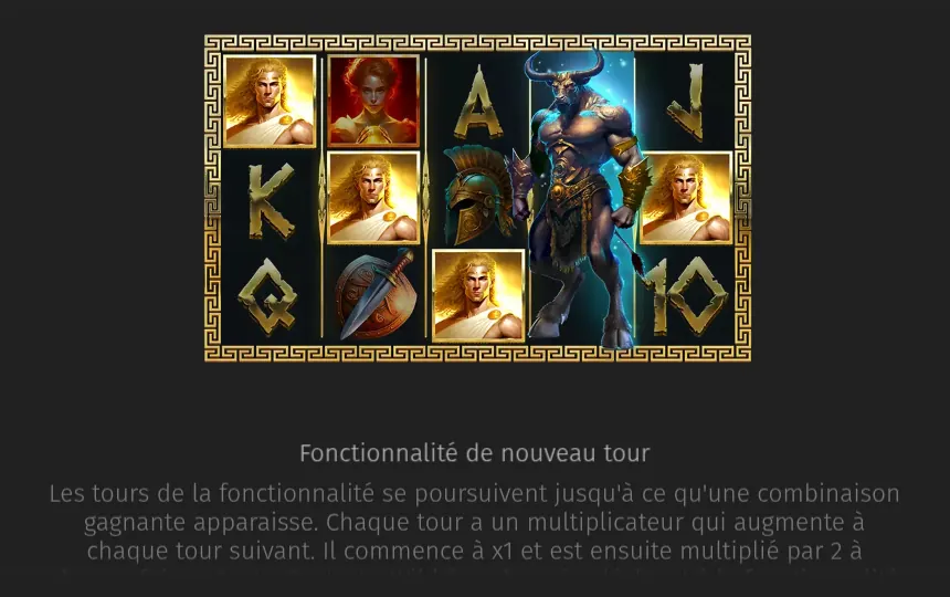 Exemple de l’aide de Gold of Minos : une grille où la créature à tête de taureau occupe tout le quatrième rouleau, entourée de portraits, d’un casque, d’un bouclier et des lettres A, J, K, Q et 10, au-dessus du titre Fonctionnalité de nouveau tour