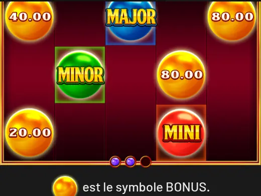 Illustration de la FONCTION HOLD & WIN dans l’aide de Golden Destiny : boules orange portant 20.00, 40.00 et 80.00, une boule verte MINOR, une bleue MAJOR et une rouge MINI, avec la mention « est le symbole BONUS »