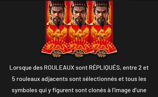 Page ROULEAUX RÉPLIQUÉS de l’aide de Golden Destiny : trois rouleaux identiques avec un homme au haut chapeau, un oiseau de flammes et un éventail rouge, au-dessus du début du texte explicatif