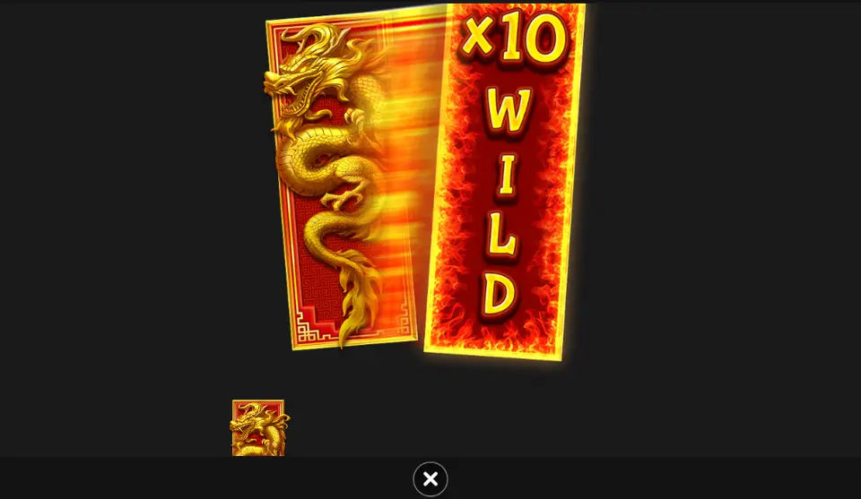 Page de l’aide de Golden Dragon Inferno sur le ROULEAU WILD : un rouleau rouge orné d’un dragon doré qui se retourne en rouleau enflammé marqué x10 WILD