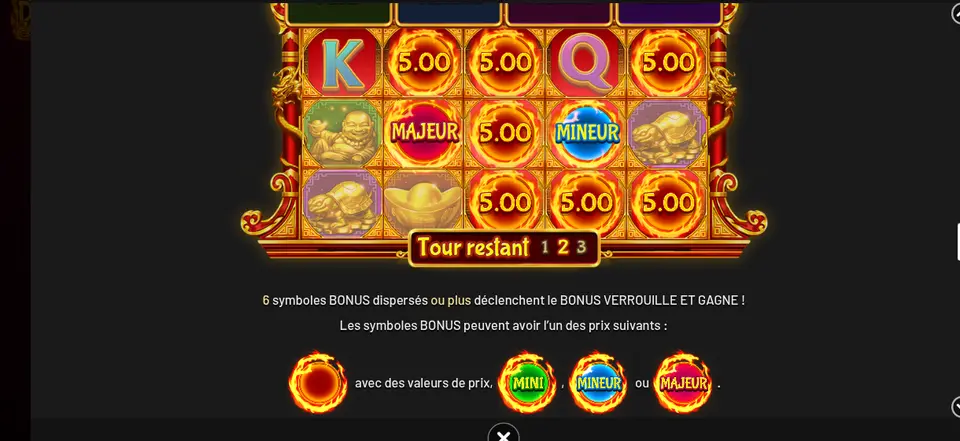 Page BONUS VERROUILLE ET GAGNE de l’aide de Golden Dragon Inferno : une grille avec des pièces enflammées 5.00, des symboles MAJEUR et MINEUR, le compteur Tour restant 1 2 3, puis le texte de déclenchement