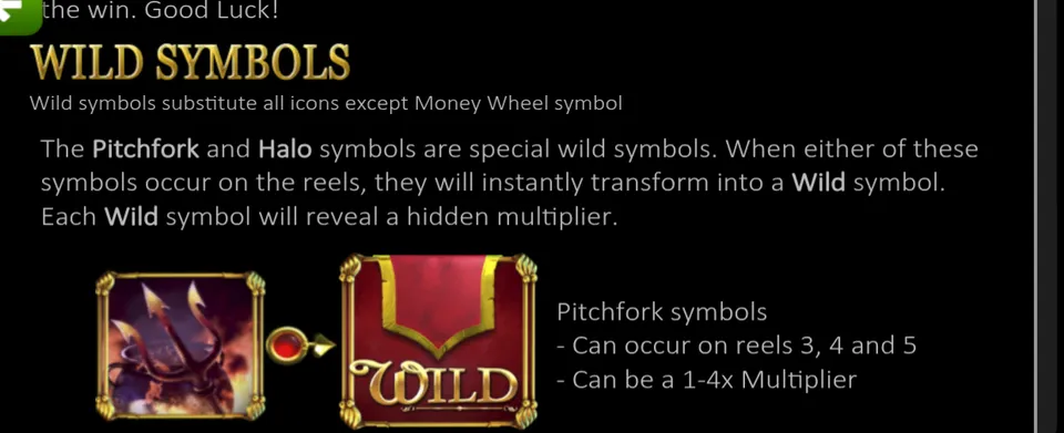 Écran d’aide de Good Girl/Bad Girl sur les WILD : le symbole Fourche qui se transforme en WILD rouge, multiplicateur de 1 à 4x sur les rouleaux 3, 4 et 5