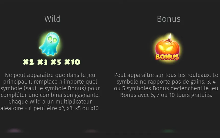 Page Paiements de l’aide de Haunted Reels : le Wild, un fantôme turquoise marqué X2 X3 X5 X10, et le symbole Bonus, une citrouille marquée BONUS, avec leurs règles